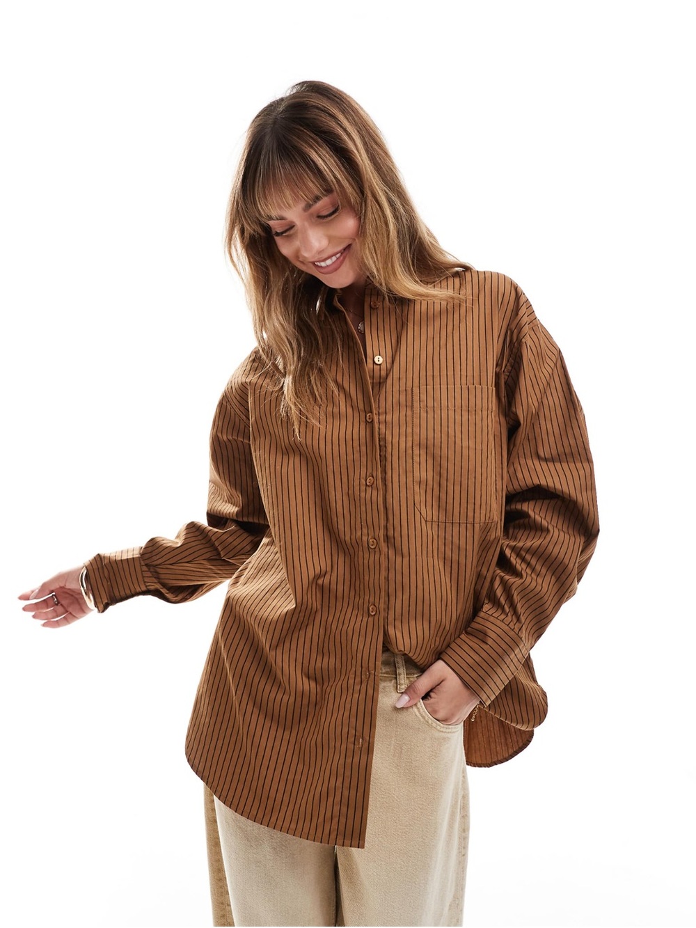 ASOS Oversized Brown Stripe Button Down Top Size 6 New Boho Cottage Minimalist